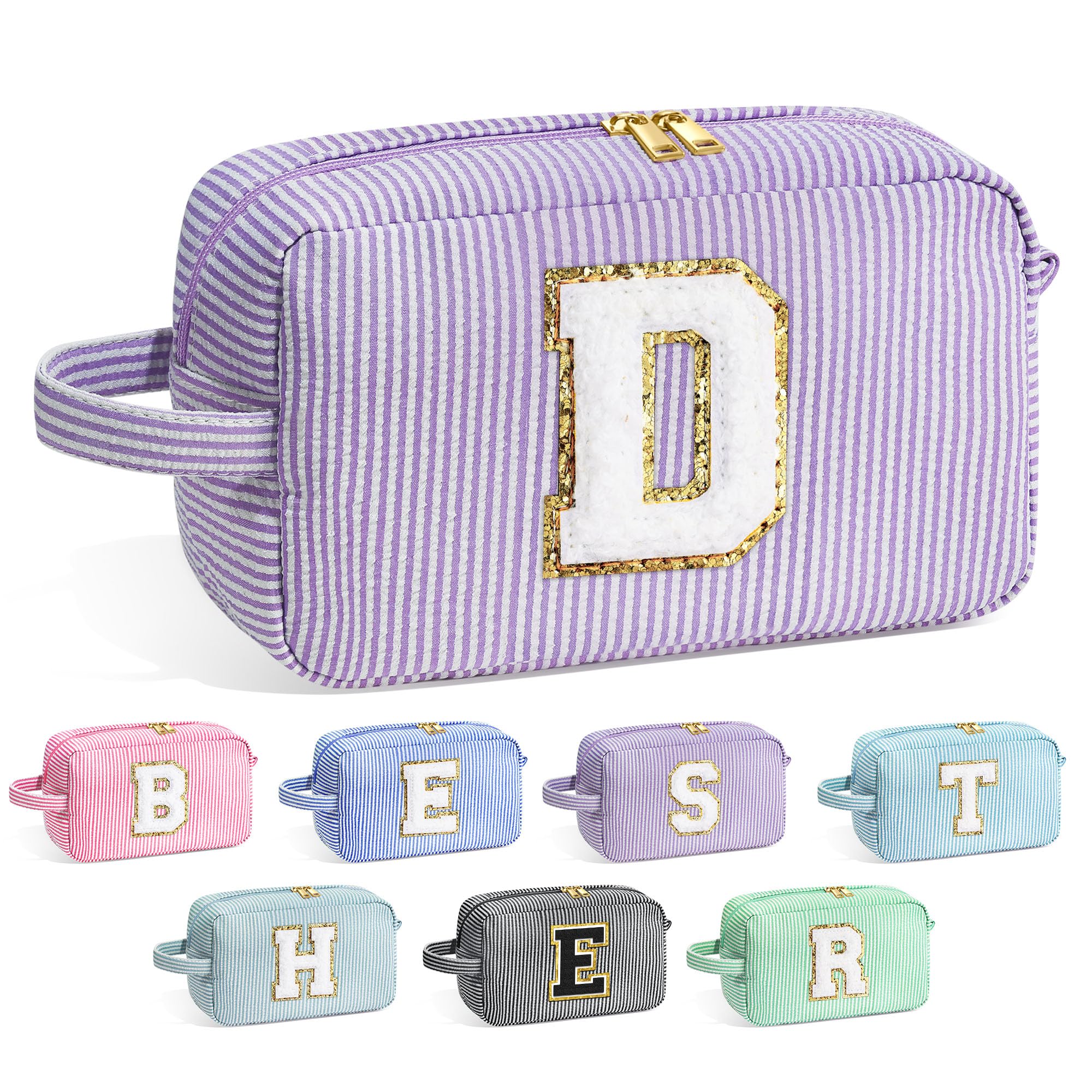 YOOLIFE Birthday Gifts for 6 7 8 9 10 11 12 13 14 15 Year Old Teen Girl - Initial Makeup Bag Letter Toiletry Pouch Cosmetic Case, Personalized Teen Girl Gifts Trendy Stuff Party Favor, Purple D
