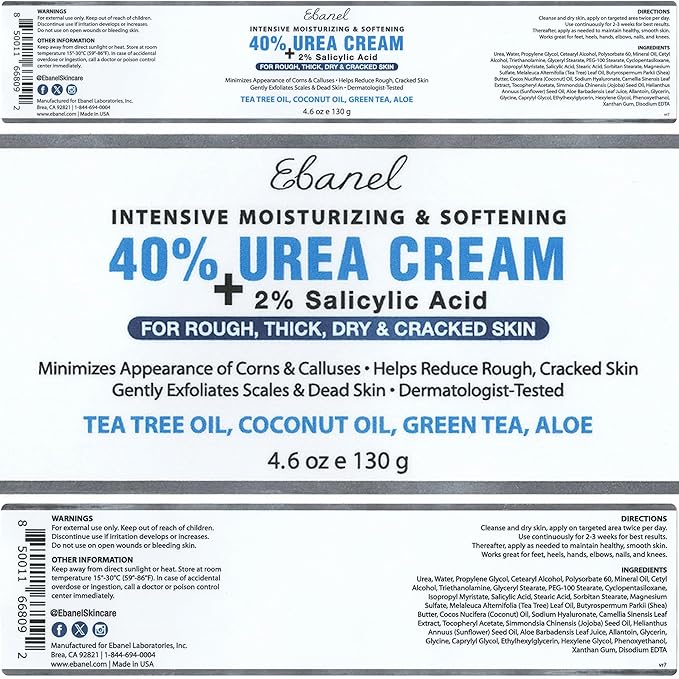 Ebanel Urea Cream 40% plus Salicylic Acid 2% for Dry Cracked Feet Skin, 6PK