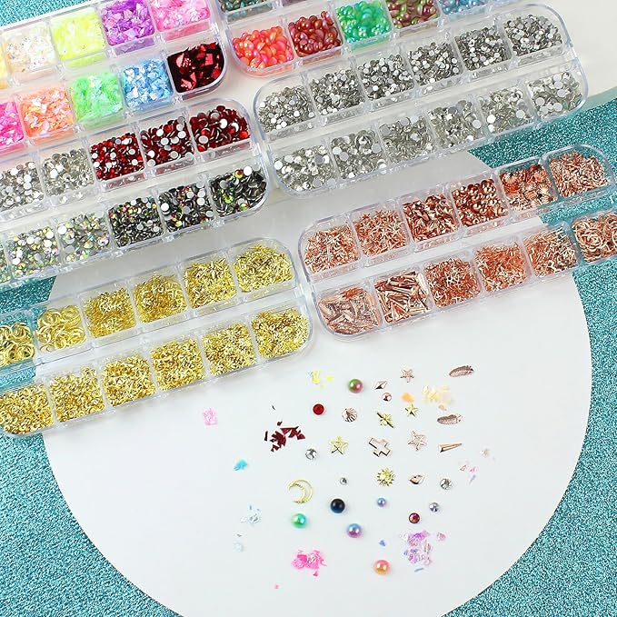 Artdone Nail Art Glitter Studs Kit, 6 Boxes Multicolor and Design 3D Charms with 15 Sheets Gold Nail Stickers, Diamond Cute Nail Jewels for DIY Decoration with Pickup Tools