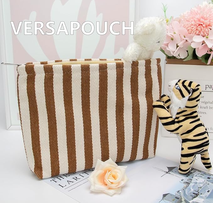 Flat Makeup Bag for Women,Zipper Cosmetic Pouch for Purse,Stripe Coffee