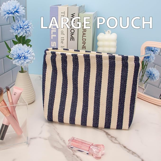Flat Makeup Bag for Women,Zipper Cosmetic Pouch for Purse,Stripe Navy Blue