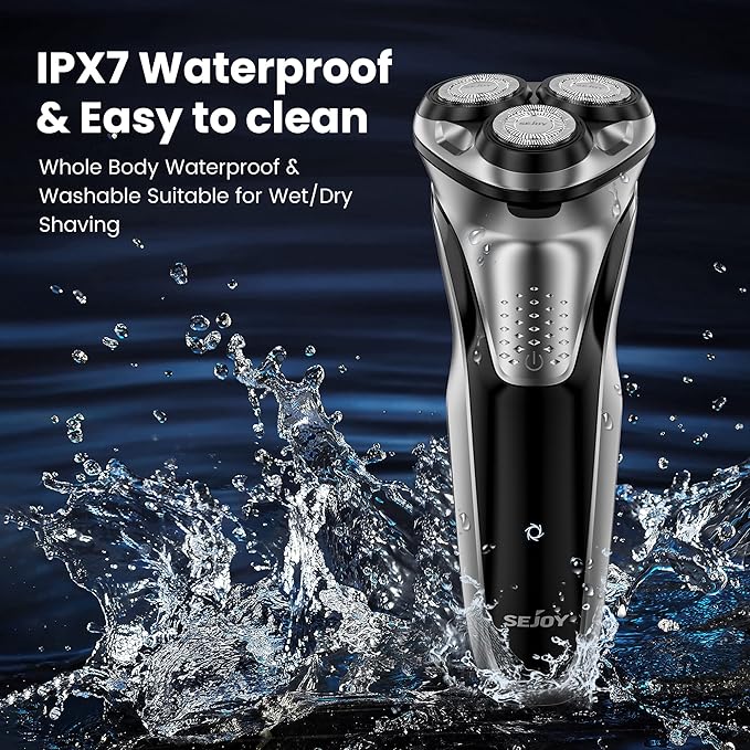 Sejoy Men's Electric Shaver, Men's Shaver, Men's Beard Shaver, Wireless Electric Shavers, IPX7 Waterproof, with Pop-Up Trimmer, 80,000 Power: 1 Hour Fast Charging-3D Floating Head, Black