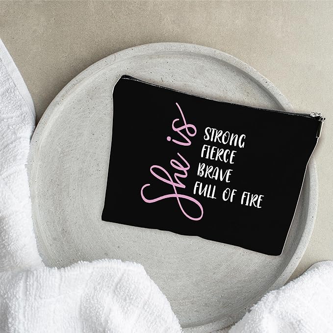 YKYENR Minimalism Makeup Bag - She Is Strong, Fierce, Brave, Full Of Fire - Energy Quotes Cosmetic Bag, Toiletry Bag Gift For Girls, Teen, Personal Care & Accessories(Dark) - A08