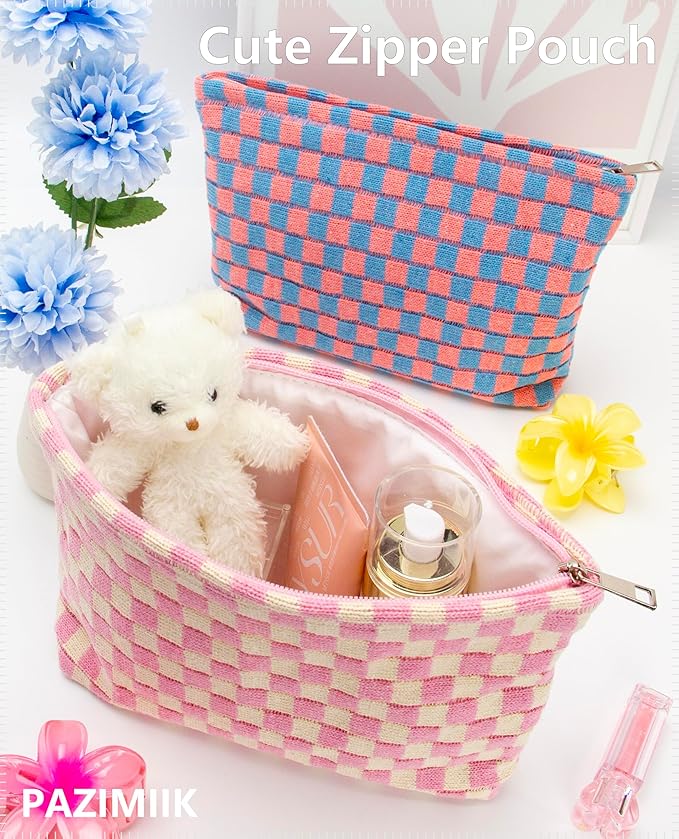 Checkered Makeup Bag for Purse, Small Flat Cosmetic Pouch,Pink Beige