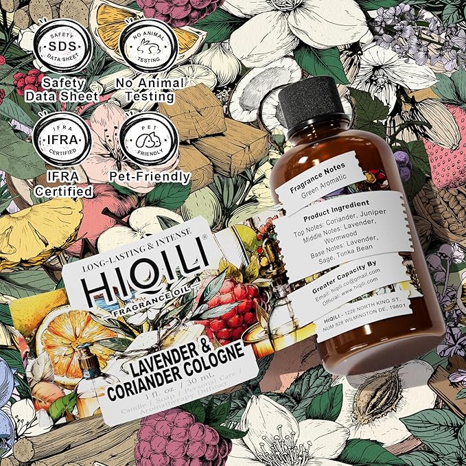 HIQILI Lavender & Coriander Cologne Oil for Diffuser, Candle & Soap