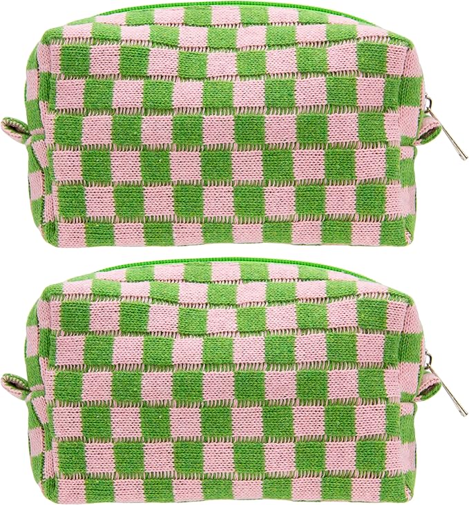 Checkered Makeup Bag for Purse, Small Cosmetic Pouch,Pink Green,2 Pack