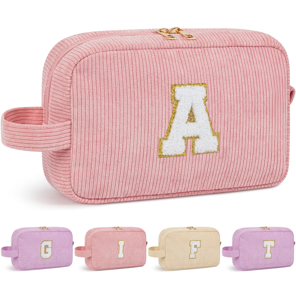 WELIDAY Initial Makeup Bag, Birthday Gift Preppy Chenille Patch Cosmetic Bag, Initial Travel Essentials Beach Toiletry Pouch, Ideal Gift for Teachers & Moms, Women and Girls (Blush Pink, A)