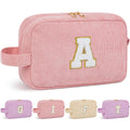 WELIDAY Initial Makeup Bag, Birthday Gift Preppy Chenille Patch Cosmetic Bag, Initial Travel Essentials Beach Toiletry Pouch, Ideal Gift for Teachers & Moms, Women and Girls (Blush Pink, A)