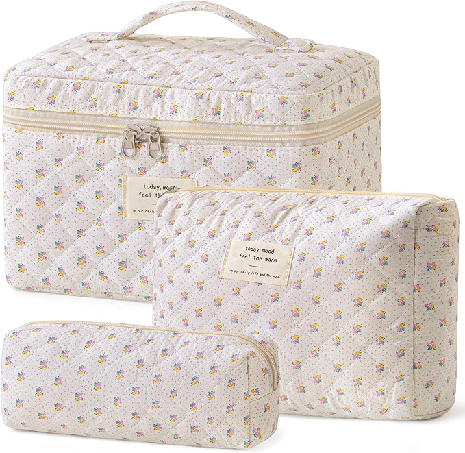 HBselect Quilted Makeup Bag, 3Pcs Cotton Large Travel Makeup Bags Organizer