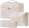 HBselect Quilted Makeup Bag, 3Pcs Cotton Large Travel Makeup Bags Organizer