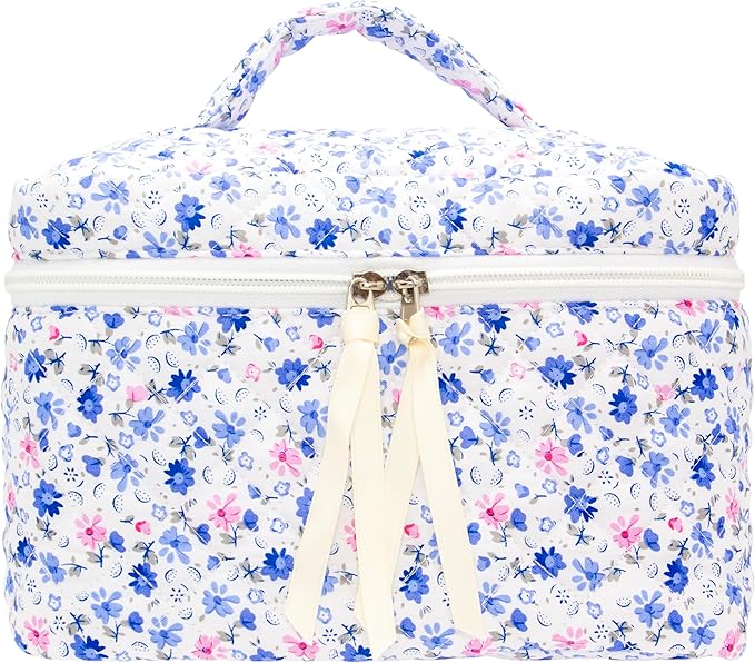 Quilted Makeup Bag for Women, Travel Cosmetic&Toiletry Bag,Floral Blue