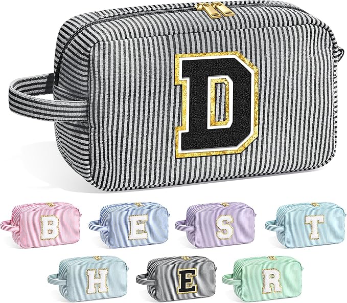 YOOLIFE Birthday Gifts for 6 7 8 9 10 11 12 13 14 15 Year Old Teen Girl - Initial Makeup Bag Letter Toiletry Pouch Cosmetic Case, Personalized Teen Girl Gifts Trendy Stuff Party Favor, Black D