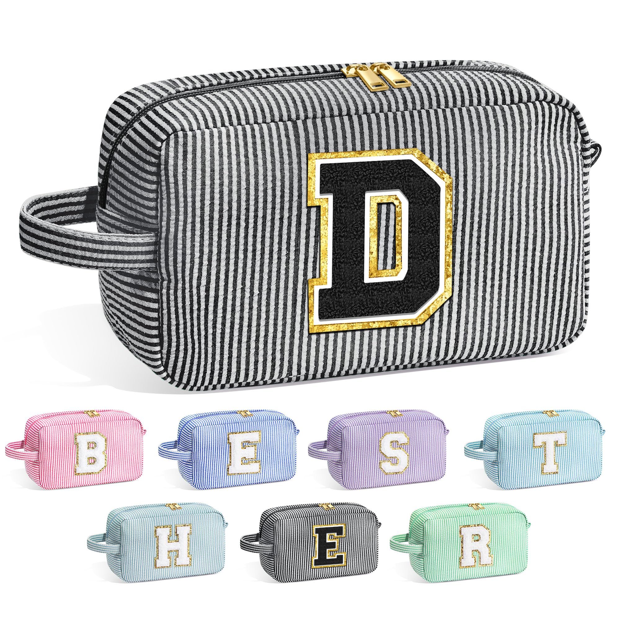 YOOLIFE Birthday Gifts for 6 7 8 9 10 11 12 13 14 15 Year Old Teen Girl - Initial Makeup Bag Letter Toiletry Pouch Cosmetic Case, Personalized Teen Girl Gifts Trendy Stuff Party Favor, Black D