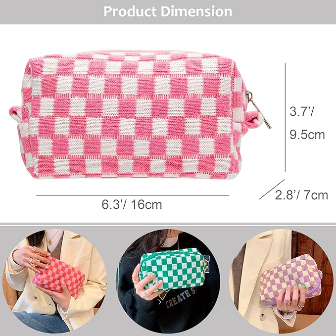 Checkered Makeup Bag for Purse, Small Travel Cosmetic Pouch,Pink,2 Pack