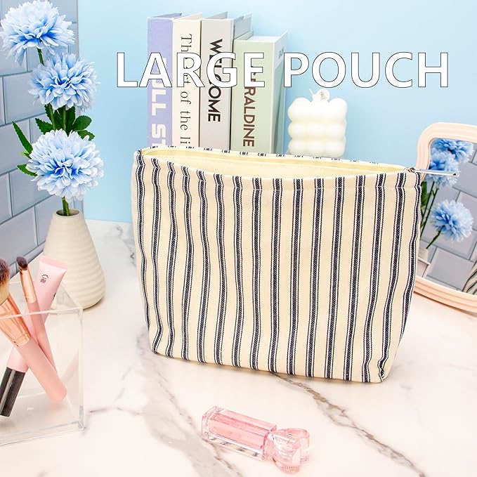 Flat Makeup Bag for Women,Zipper Cosmetic Pouch,Vintage Stripe Navy Blue