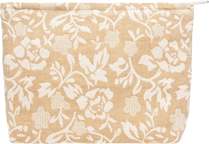 Flat Makeup Bag for Women,Zipper Cosmetic Pouch for Purse,Rose Linen