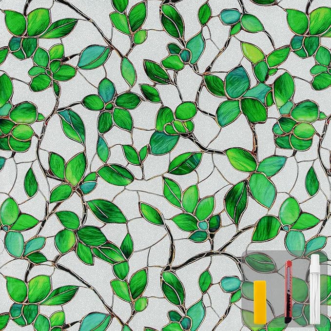 QHYsunshine Window Privacy Film Stained Glass Window Film Frosted Window Film Window clings Non-Adhesive Reusable Decorative for Home Removable (Green Frosted, 23.6 X 78.7 in)