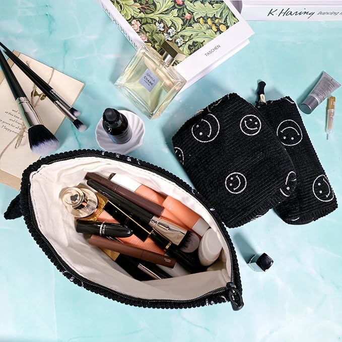 ZOEMTIU Small Cosmetic Bag set for Women Corduroy Makeup Bag with Interior Pocketes Cute Corduroy Makeup Pouches Women Small Toiletry Bag (Black Smile)