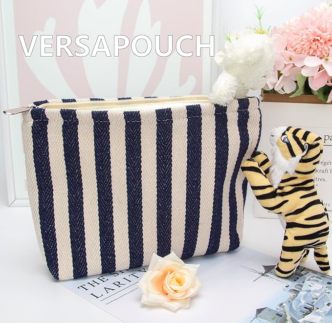 Flat Makeup Bag for Women,Zipper Cosmetic Pouch for Purse,Stripe Navy Blue