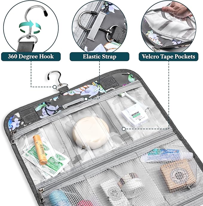 PAVILIA Hanging Toiletry Bag for Women Men, Large Foldable Toiletries Organizer with Hook, Water-Resistant Makeup Cosmetic Rollup Case, Clear Pockets for Bathroom, Gym, Cruise (Floral Grey)