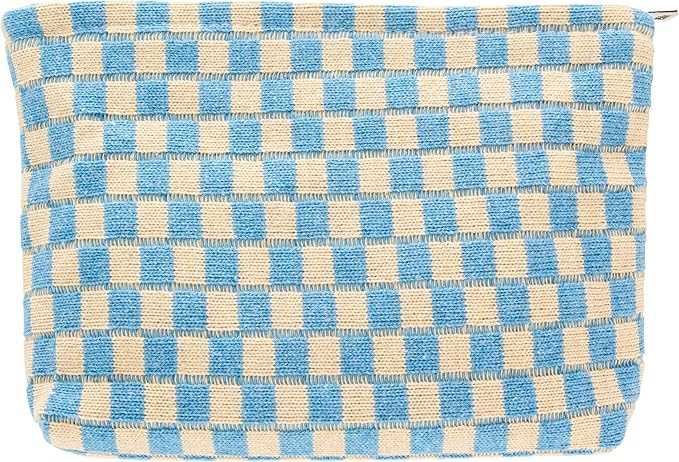 Checkered Makeup Bag for Purse, Small Flat Cosmetic Pouch,Blue Beige