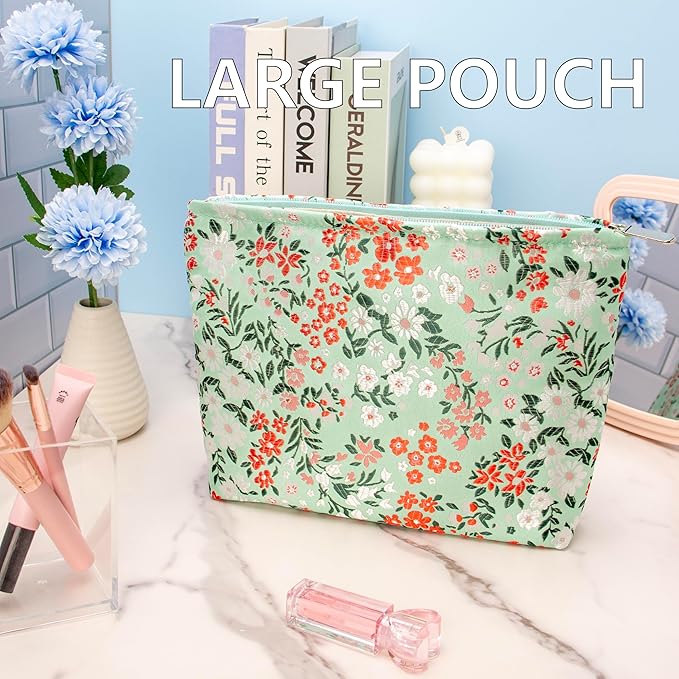 Flat Makeup Bag for Women,Zipper Cosmetic Pouch for Purse,Brocade Green