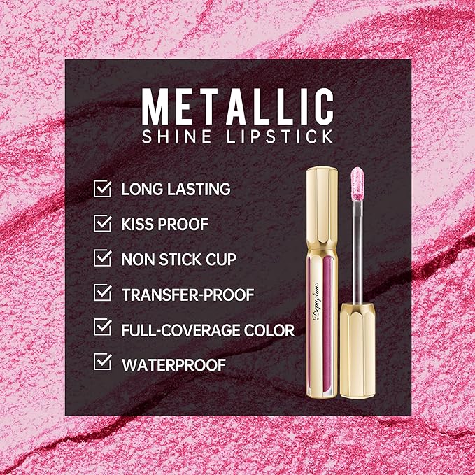 Depuplum Pink Lipsticks for Women Metallic Glitter Lipstick Long Lasting