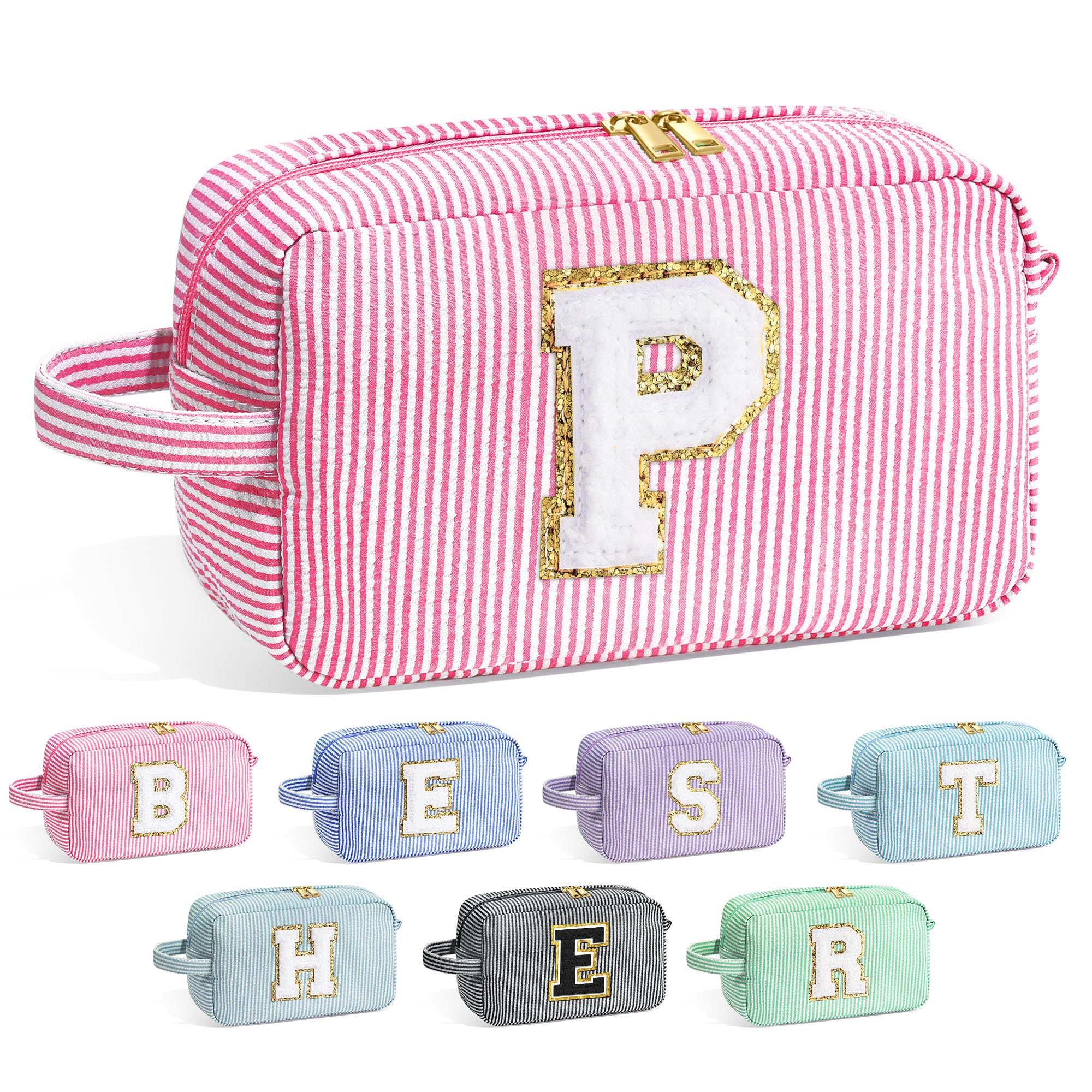 YOOLIFE Initial Cosmetic Bag for Women - Monogram Cute Makeup Bag Cosmetic Case Toiletry Pouch for Women Her Best Friend Sister Teacher, Personalized Birthday Gifts for Women, Pink P