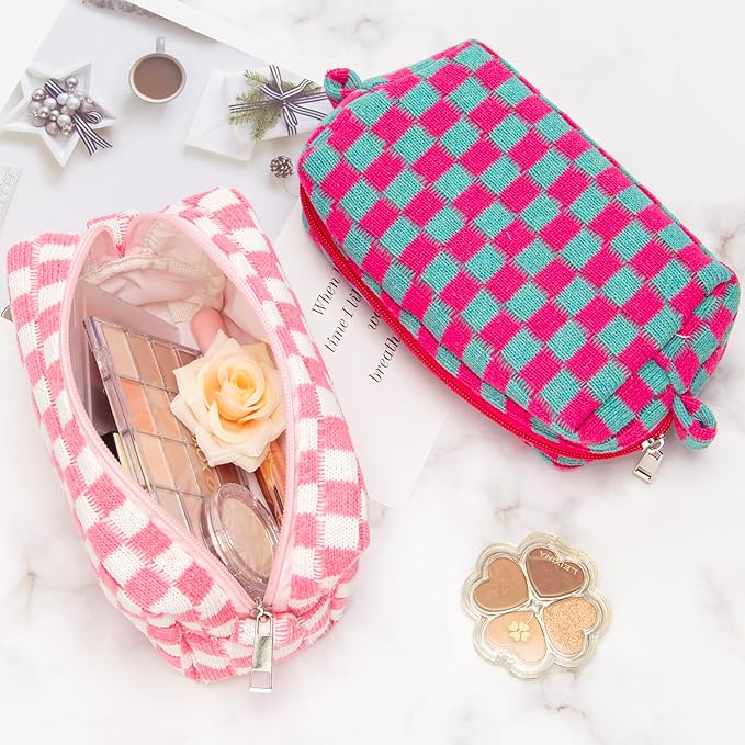 Checkered Makeup Bag for Purse, Small Cosmetic Pouch,Magenta Green,6 Pack