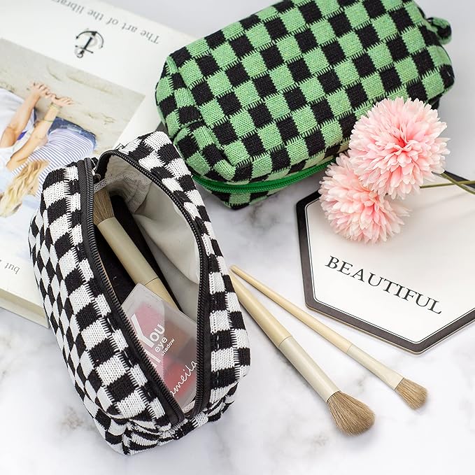 Checkered Makeup Bag for Purse, Small Travel Cosmetic Pouch,Black,6 Pack