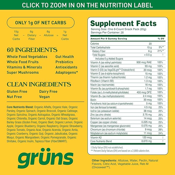 Gruns Adult Greens Gummies Sugar Free Multivitamin & Prebiotic Fiber, 28 ct