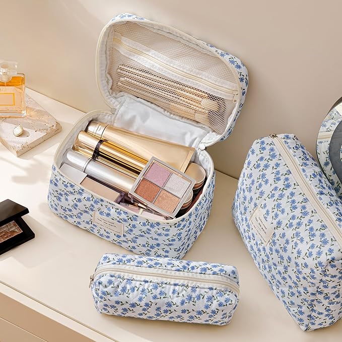 HBselect Quilted Makeup Bag, 3Pcs Cotton Large Travel Makeup Bags Organizer