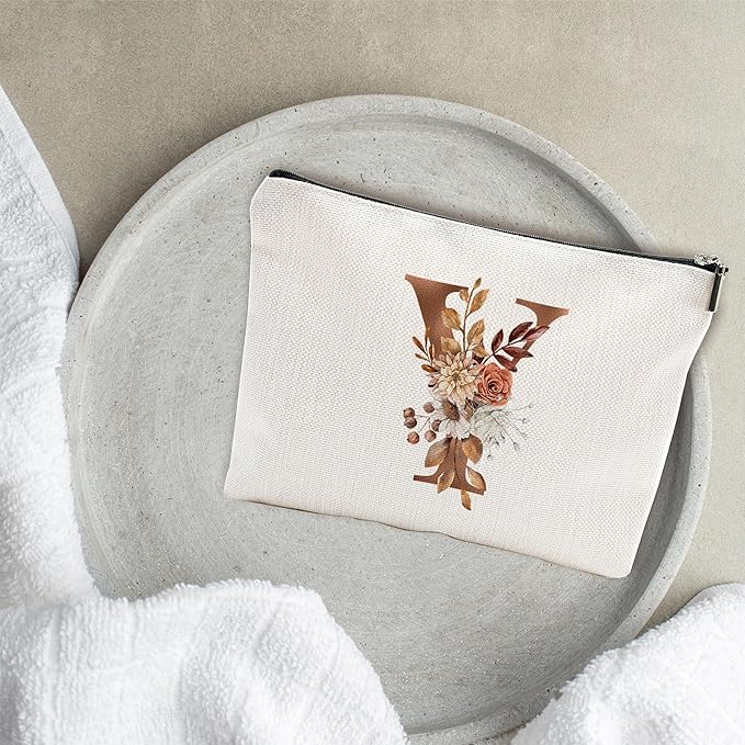 YKYENR A-Z Boho Personalized Cosmetic Bag-Floral Cotton Letter Makeup Bag With Zipper-Artistic Cosmetic Bag For Travel-Bride,Birthday Gift For Women Daughter Friends-Women Makeup Organizer-A25