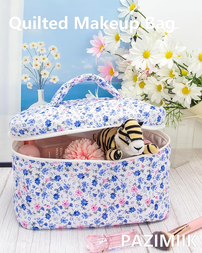 Quilted Makeup Bag for Women, Travel Cosmetic&Toiletry Bag,Floral Blue