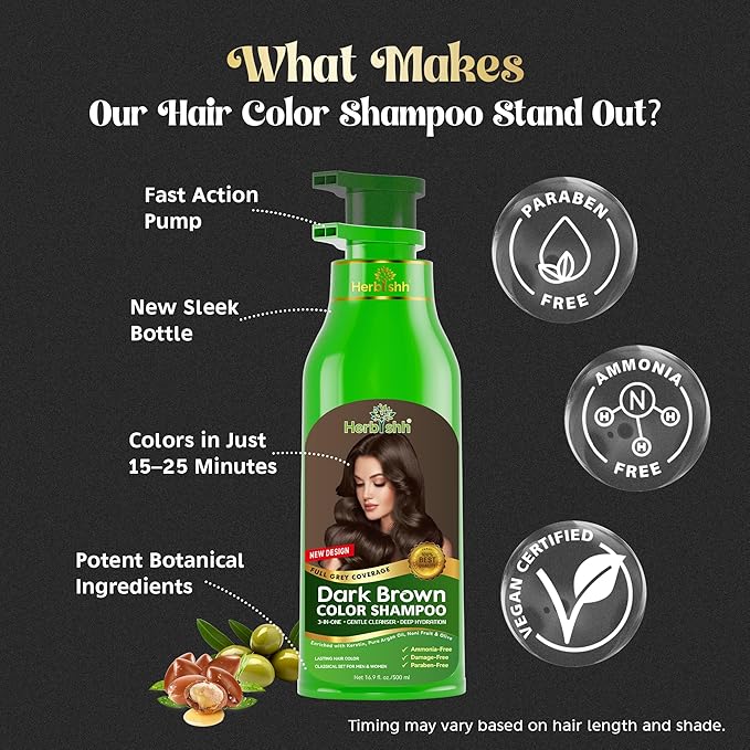 Herbishh Hair Color Shampoo for Gray Hair – Magic Hair Dye Shampoo – Colors Hair in Minutes–Long Lasting–500 Ml–3-In-1 Hair Color for Women & Men –Ammonia-Free (Dark Brown)