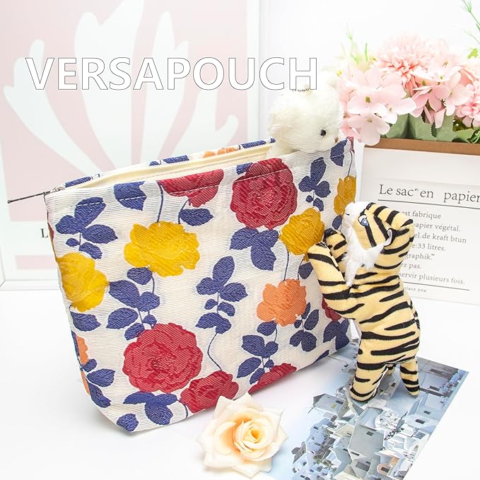 Flat Makeup Bag for Women,Zipper Cosmetic Pouch for Purse,Rose Beige
