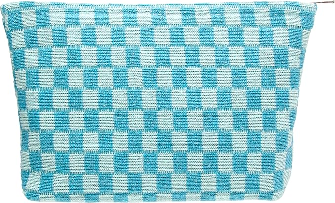 Checkered Makeup Bag for Purse, Small Flat Cosmetic Pouch,Lake Blue