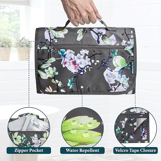 PAVILIA Hanging Toiletry Bag for Women Men, Large Foldable Toiletries Organizer with Hook, Water-Resistant Makeup Cosmetic Rollup Case, Clear Pockets for Bathroom, Gym, Cruise (Floral Grey)