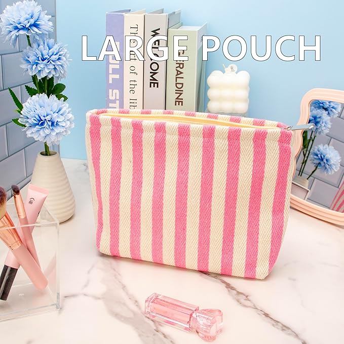 Flat Makeup Bag for Women,Zipper Cosmetic Pouch for Purse,Stripe Pink