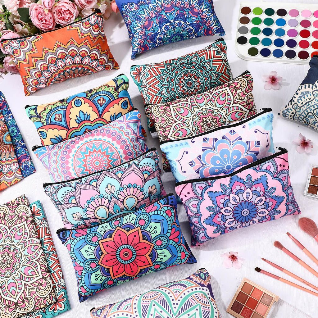 Hillban 36 Pcs Mandala Makeup Bags Bohemian Cosmetic Bags for Women Mandala Flowers Travel Toiletry Pouch with Zipper Portable Organizer Pouch for Cosmetics Makeup Brushes, 12 Styles