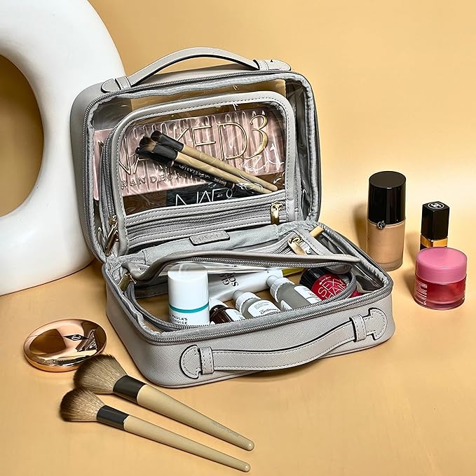 JAZD Clear Makeup Bag Toiletry Bag for Women Cosmetic Case Large Capacity Travel Make Up Bag Organizer Transparent Storage Compartment TSA Approved (GRAY)