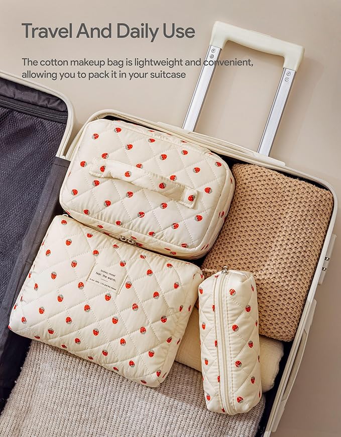 HBselect Quilted Makeup Bag, 3Pcs Cotton Large Travel Makeup Bags Organizer