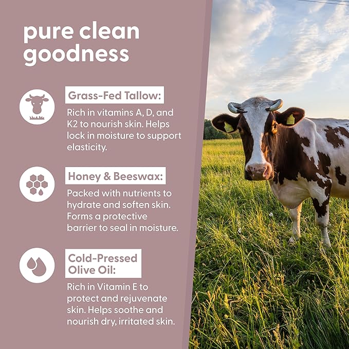 Grass Fed Beef Tallow and Honey Balm for Face - Deeply Moisturizing & Nourishing Beef Tallow Face Moisturizer with Cold-Pressed Olive Oil for Beautiful Skin Glow & Softness (Light Herbal Scent, 2oz)
