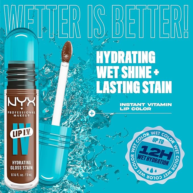 NYX PROFESSIONAL MAKEUP Lip IV Hydrating Glossy Lip Stain, Long-Lasting, Tinted, Vegan Formula with 12 HR Hydration - Splash N Spice (Brown)