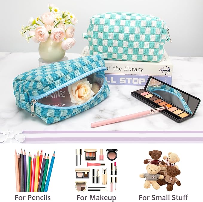 Checkered Makeup Bag for Purse, Small Travel Cosmetic Pouch,Lake Blue