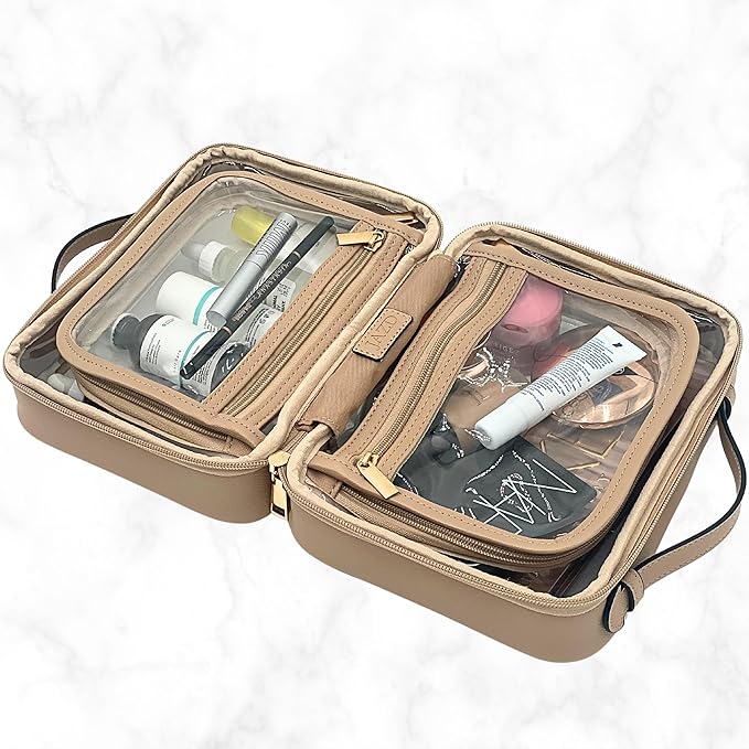 JAZD Clear Makeup Bag Toiletry Bag for Women Cosmetic Case Large Capacity Travel Make Up Bag Organizer Transparent Storage Compartment TSA Approved (BEIGE)