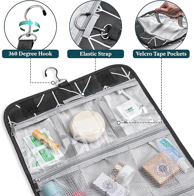 PAVILIA Hanging Toiletry Bag for Women Men, Large Foldable Toiletries Organizer with Hook, Water-Resistant Makeup Cosmetic Rollup Case, Clear Pockets for Bathroom, Gym, Cruise (Black Chevron)