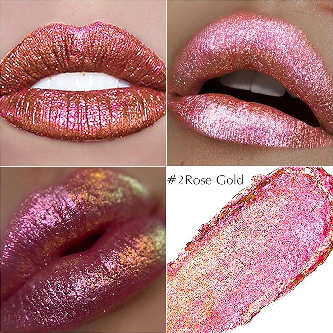 Wugbc Glitter Lipstick Makeup, Rose Gold Holographic Metallic Lip Stick Long Lasting Lightweight Non-Sticky Hydrating Lip Tinted Full Coverage Sparkling Chameleon Lipstick for Women