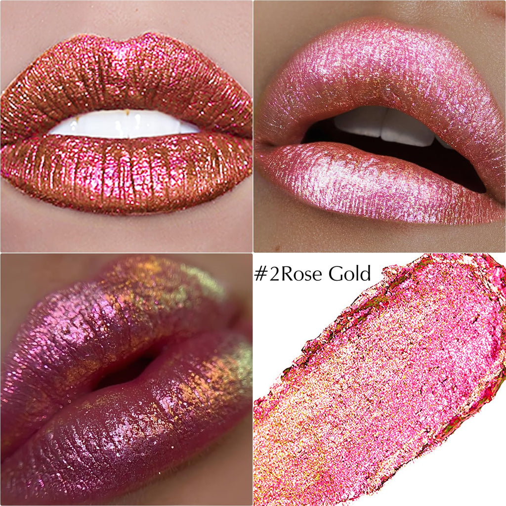 Wugbc Glitter Lipstick Makeup, Rose Gold Holographic Metallic Lip Stick Long Lasting Lightweight Non-Sticky Hydrating Lip Tinted Full Coverage Sparkling Chameleon Lipstick for Women