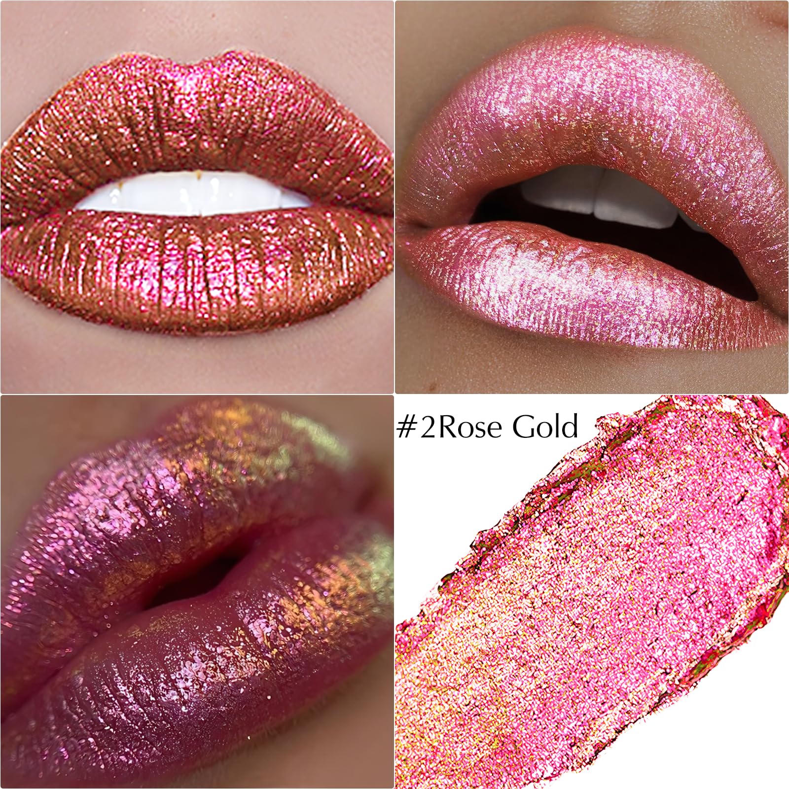 Wugbc Glitter Lipstick Makeup, Rose Gold Holographic Metallic Lip Stick Long Lasting Lightweight Non-Sticky Hydrating Lip Tinted Full Coverage Sparkling Chameleon Lipstick for Women